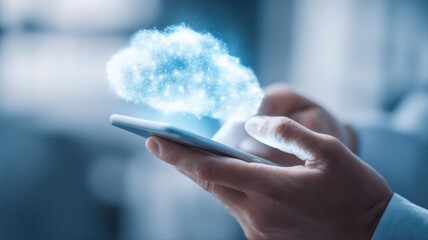 Cloud Computing Concept: Person Using Smartphone with Cloud Storage, Technology and Connectivity