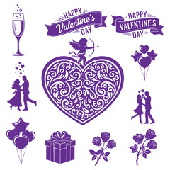 Valentines Day Illustrations with Heart Designs Couples Balloons and Gifts