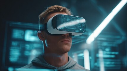 Immersive Virtual Reality Experience: Man Exploring Digital World with VR Headset, Futuristic Technology and Innovation