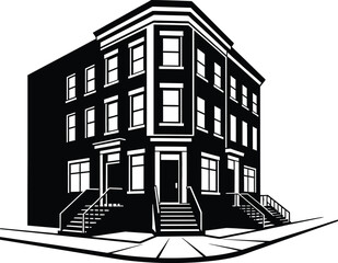 Fototapeta premium Urban corner apartment building silhouette with classic brick style windows stair entrances and strong city street perspective.