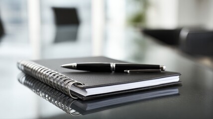 Black Notepad with Pen Resting on Top, Ideal for Business Planning and Organization