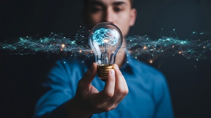 Visionary Businessman Holding Lightbulb with Digital Brain Neural Network Representing Artificial Intelligence and Innovation