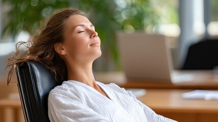 Woman receives energy healing with blue light waves while sitting on a chair at a home office desk in warm surroundings, showcasing emotional support