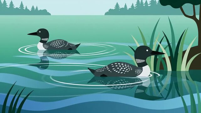 Loons In A Serene Lake Environment, Animated Sequence Of Wildlife, Flat Style Vector Graphics