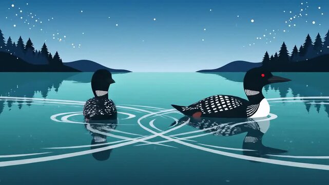 Loons In Calm Waters At Dusk Peaceful Animated Background Loop Stock Footage