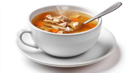 clear broth chicken soup in a bowl with steam and spoon
