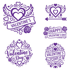 Valentines Day Vector Illustrations with Hearts Wings and Banners in Purple