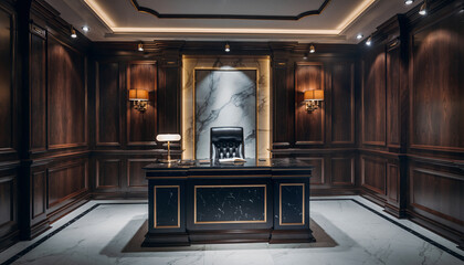 Luxurious office reception area with a dark wooden desk and marble artwork in a sophisticated environment viewed from the front