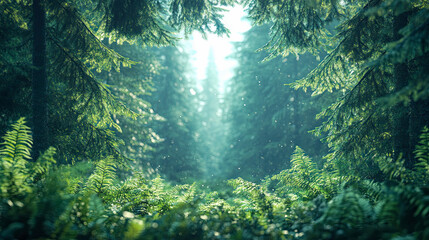 Magical forest clearing framed by deep evergreen branches and vibrant green ferns, illuminated by bright, misty sunlight rays filtering through thick canopy.