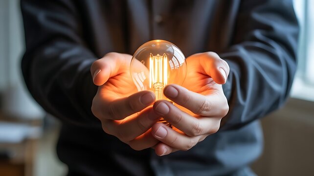Close up of Hands Holding a Glowing Vintage Light Bulb Representing Inspiration and New Ideas