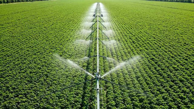 Aerial View of Center Pivot Irrigation System - An aerial view shows a center pivot irrigation system watering a field of vibrant green crops.