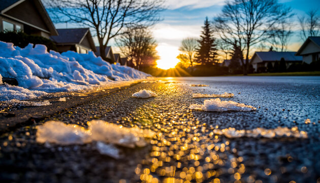 Residential street scene at sunrise with snow-covered houses and icy road reflecting the golden light