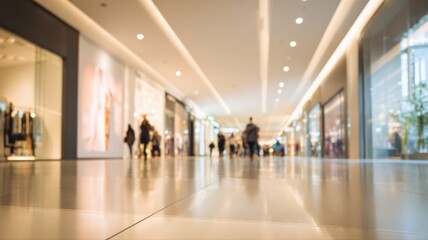 Blurred perspective of people walking in a modern shopping mall corridor with illuminated storefronts