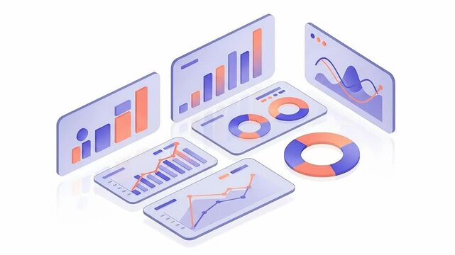 Isometric business analytics dashboards with charts and graphs.