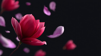 Delicate flying flower petals on black background, pink and purple blossoms in soft motion, romantic floral abstraction suitable for spring designs, valentines themes, beauty cosmetics and elegant