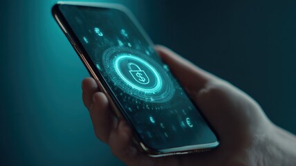 Mobile Security Concept: Hand Holding Smartphone Displaying Secure Payment Lock and Currency Icons, Protecting Financial Transactions