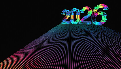 A futuristic digital landscape with the year 2026 illuminated in neon lights on a dark grid surface