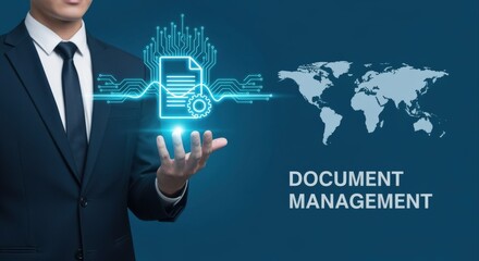Document Management Concept: Businessman Presenting Digital File Icon with Global Connectivity and Business Technology