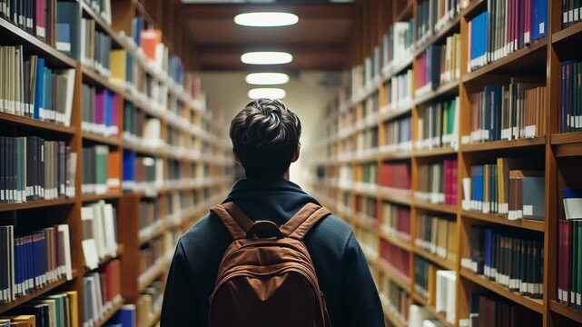 A student guy walks through a library surrounded by tall bookshelves, immersed in a calm and studious atmosphere
