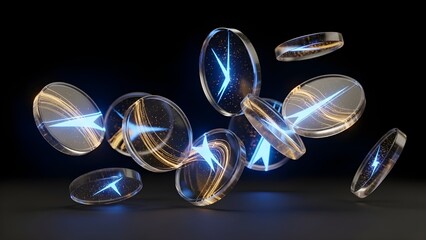 Abstract Floating Glass Coins for Future Digital Finance and Fintech Concept