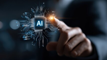 Artificial Intelligence Innovation: Businessman Touching AI Chip, Symbolizing Advanced Technology, Future Computing, and Digital Transformation in Business