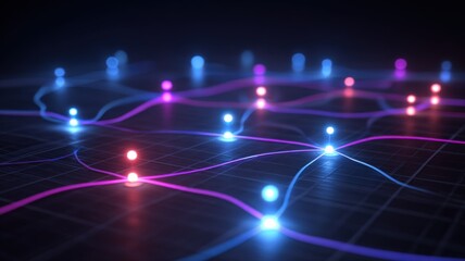 Plakat Abstract Technology Network with Glowing Nodes, Connecting Lines, Data Transmission, Futuristic Concept and Artificial Intelligence