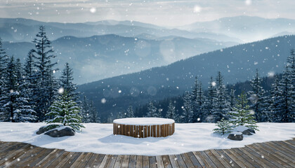 A serene winter landscape with a wooden platform and snowy mountains in the background viewed from a low angle