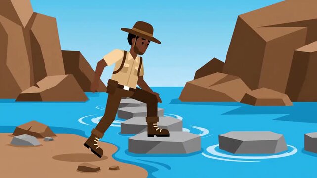 Man Adventures Across Watery Stepping Stones River, Rocks, Adventure, Explore Destination