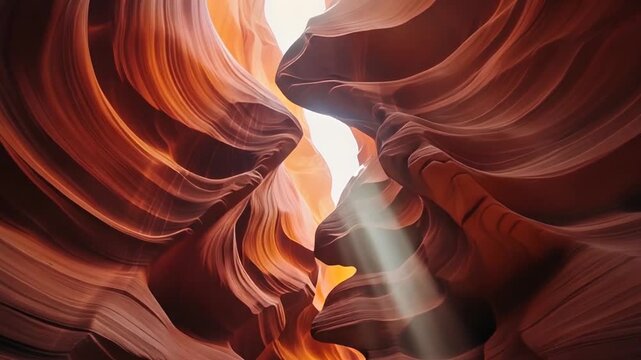A beam of light illuminates the curved sandstone walls of a narrow canyon from above