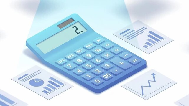 Blue calculator with financial charts and documents on a desk.