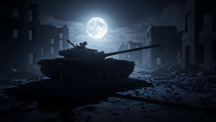 A lone tank stands amidst the ruins of war under the haunting light of a full moon in a desolate night scene