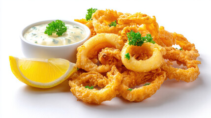 fried calamari with tartar sauce on white background
