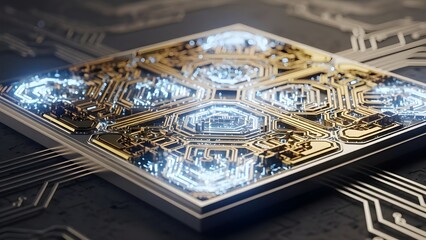 Futuristic Quantum Microchip with Glowing Light and Gold Circuitry