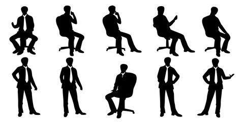 Fototapeta premium Silhouettes of business people in various poses presenting a modern corporate aesthetic