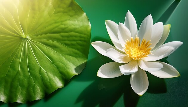 White Lotus Flower And Leaf On Green Background With Sunlight Shadow