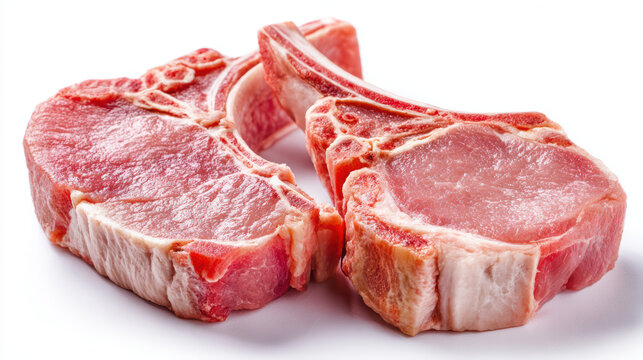 raw pork chops isolated on white background ready for cooking