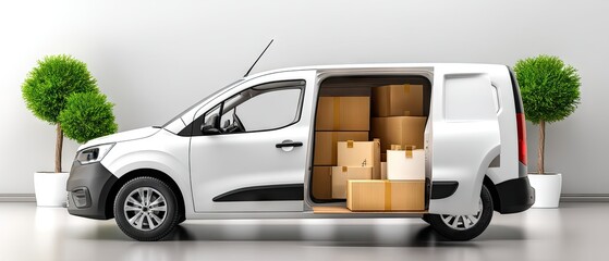 Delivery van with open back door filled with cardboard boxes isolated on a neutral background for storage or transport purposes