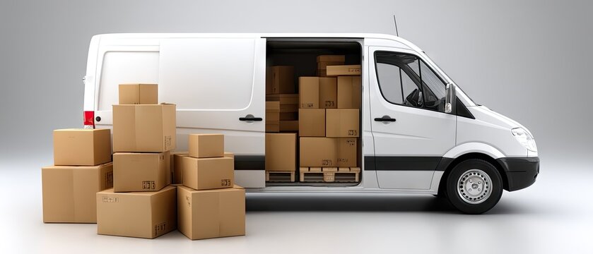 White delivery van with open back door shows stacks of cardboard boxes ready for distribution in a simple backdrop