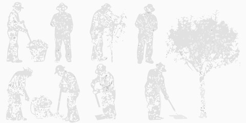 Fototapeta premium Silhouettes of gardeners tending to their work with a nearby tree