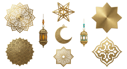 Golden Islamic Ornaments: Ramadan Lanterns, Crescent Moon, Stars, Mandalas