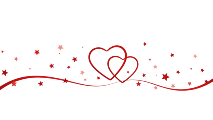 Red heart shapes with stars and wavy line on transparent background for valentines day