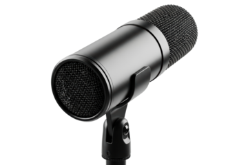 Black professional studio microphone on stand for audio recording isolated on transparent background