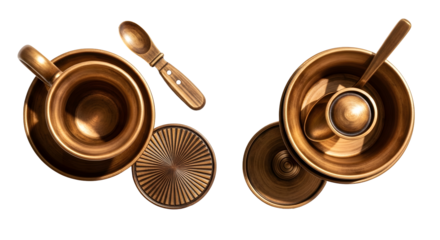 A meticulously detailed collection of antique-style golden beverage vessels, including a cup, saucer, and small bowl, accompanied by a decorative spoon, all presented against a stark black background.