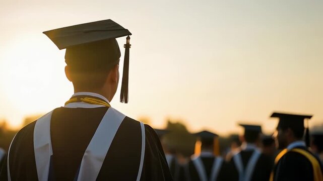 Graduates in caps and gowns standing together at sunset