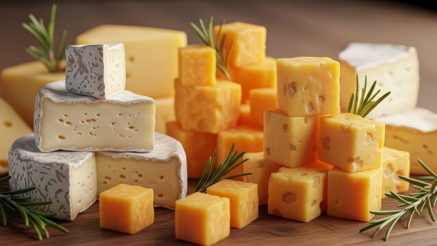 Assorted artisanal cheeses with rosemary on wooden board