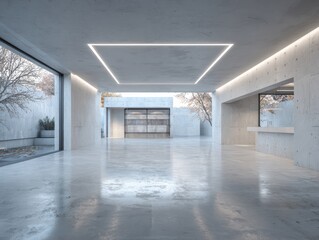 Minimalist modern garage interior showcasing an empty space with polished concrete flooring and sleek lighting, designed for contemporary automotive needs and functionality