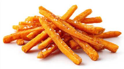 crispy fried sweet potato fries isolated on white background
