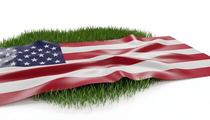 Close-Up of USA Flag on Green Grass – Isolated on White Background
