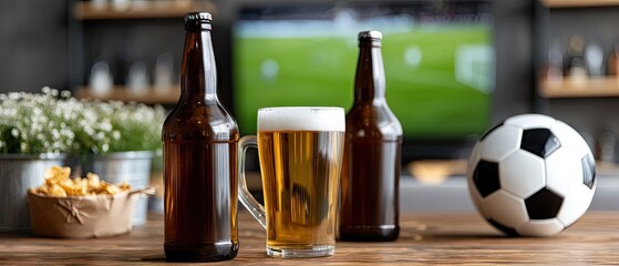 Enjoying a bottle of beer and chips while watching a soccer game on television in a living room setting