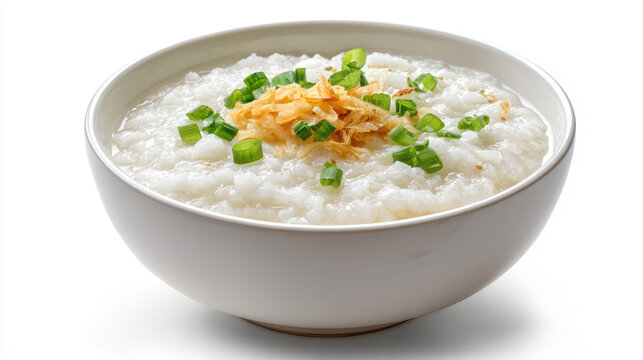bowl of rice porridge congee with ginger and scallion isolated on white